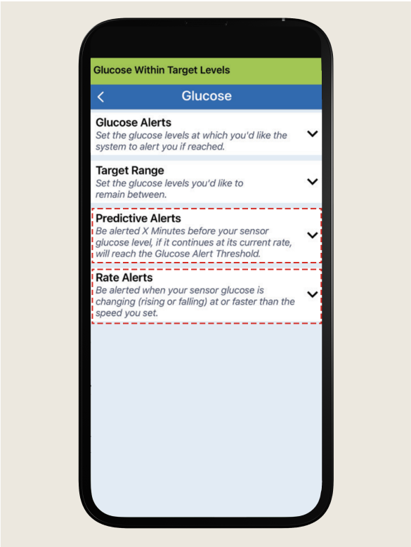 Smartphone screen displaying glucose monitoring settings